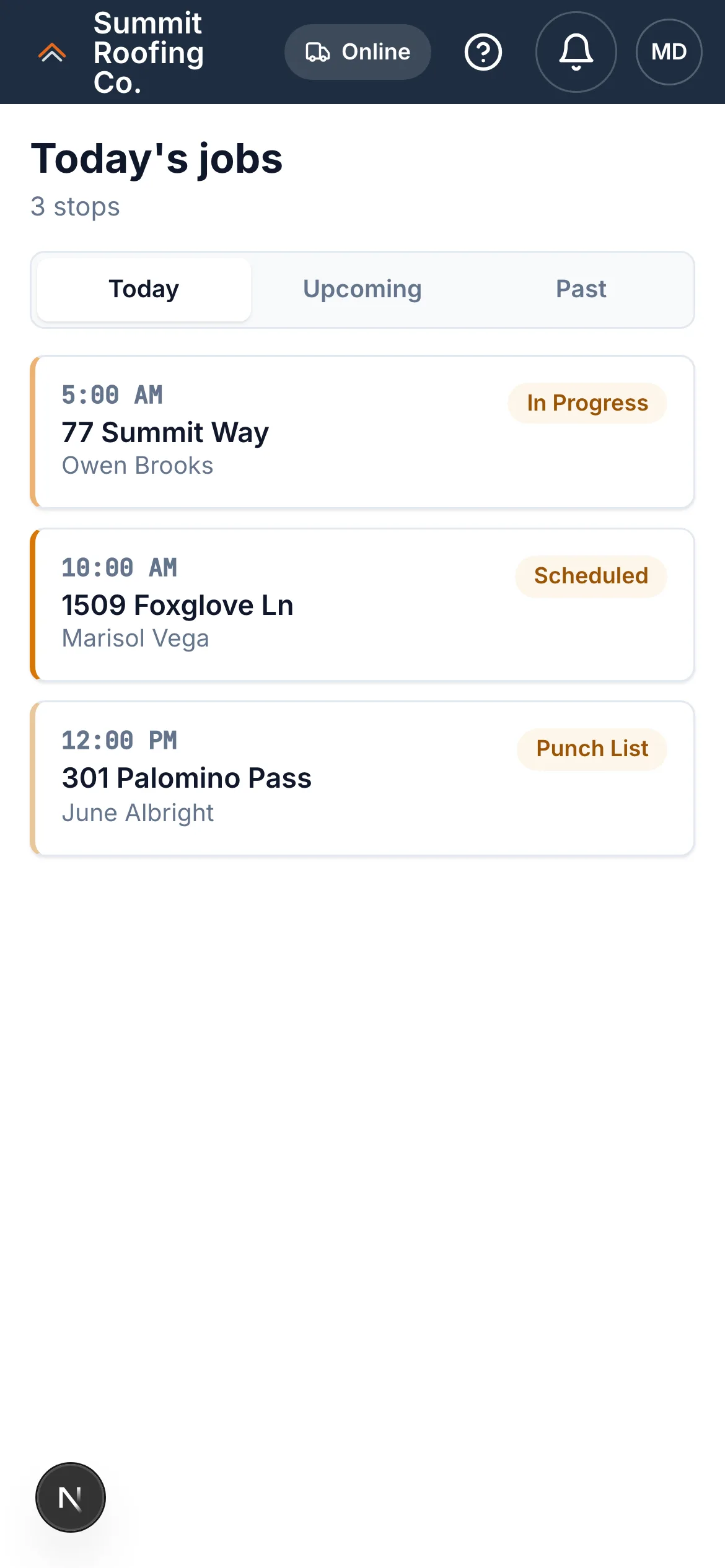 Crew app home — today's jobs with one-tap directions