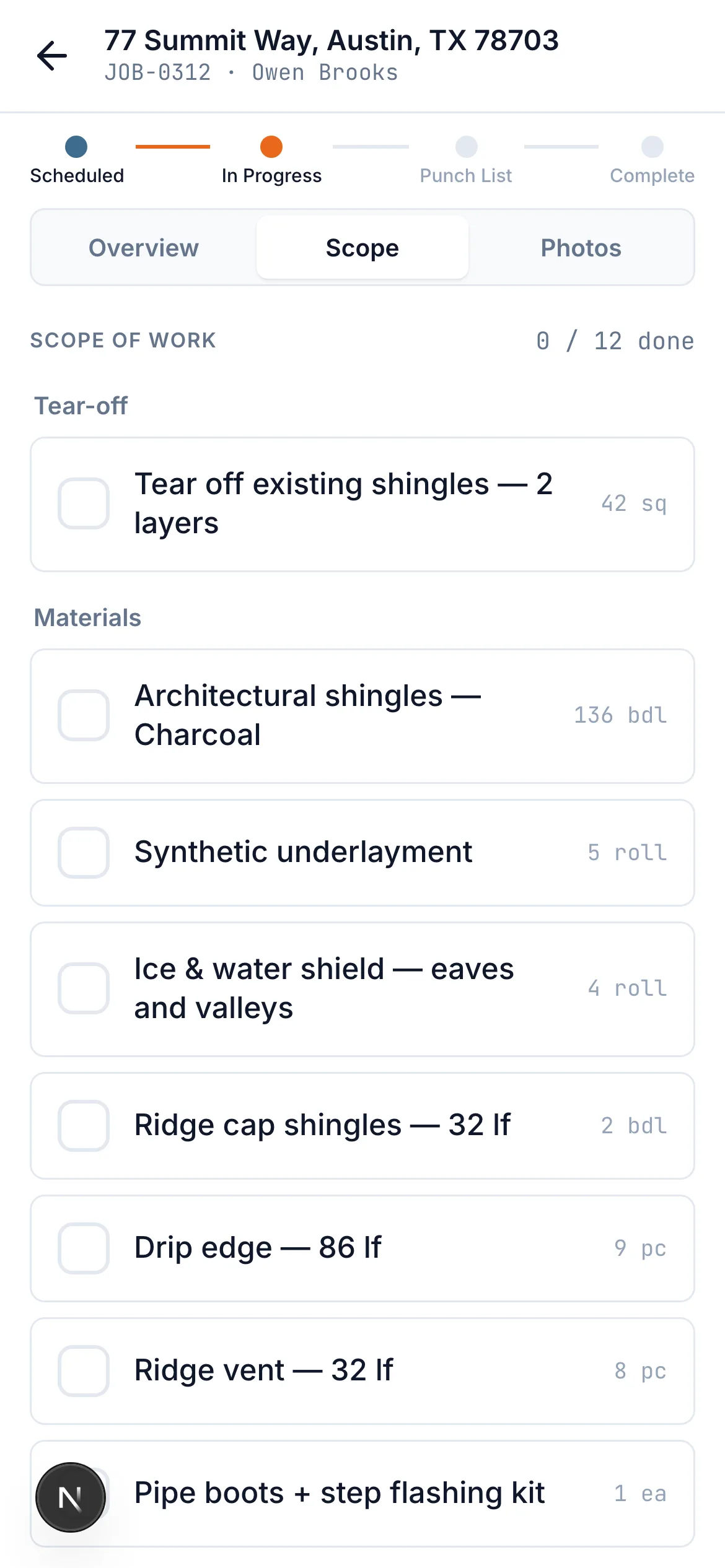 Crew field app — the scope-of-work checklist for the day's job, straight from the estimate