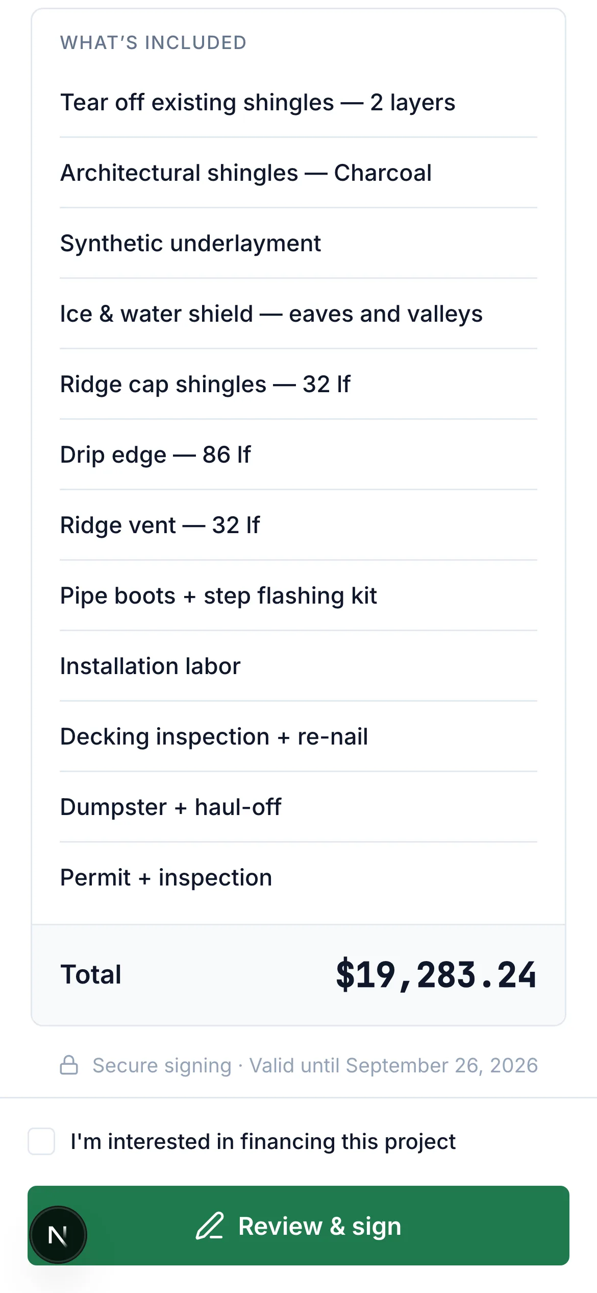 Customer portal on a phone — one project total, financing opt-in, and the Review and sign button