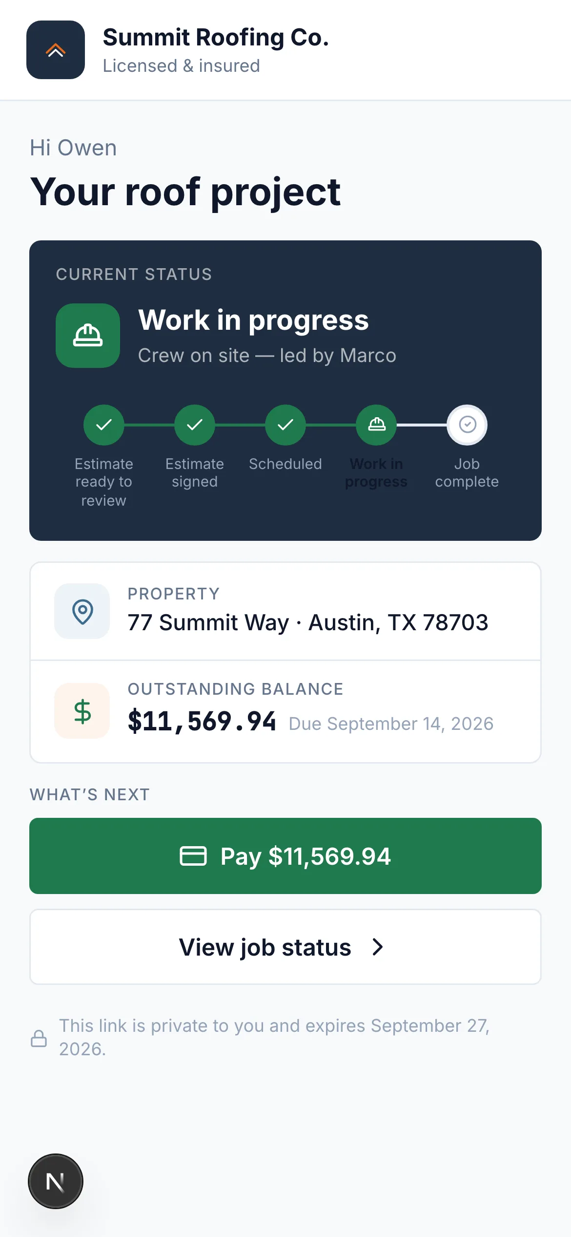 Customer portal home under the roofer's brand — estimate, project, and payment