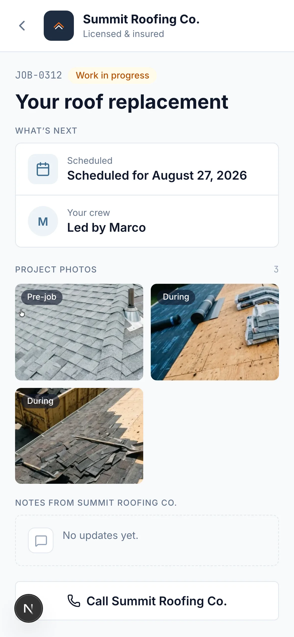 White-label customer portal — job status, crew, and progress photos under the roofer's own brand